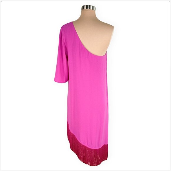 Trina Turk Bright Pink Gull Asymmetric One Shoulder Fringed Hem Dress NWT New M - Picture 5 of 6